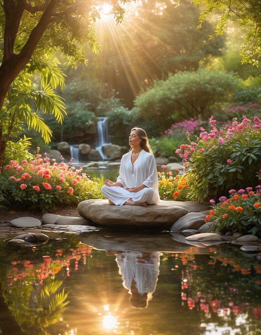 A serene scene of a person meditating in a tranquil garden, surrounded by blossoming flowers and gentle flowing water. The backdrop features a soft sunrise casting warm light, symbolizing hope and spiritual growth. Light beams create an ethereal atmosphere, while a subtle touch of faith, represented by delicate prayer beads resting beside them, adds depth to the image. super-realistic. vibrant colors. peaceful ambiance.