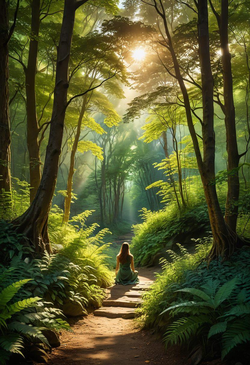 A serene landscape depicting a winding path through a lush forest, symbolizing spiritual growth, with soft beams of light filtering through the trees. In the background, a figure kneeling in reflection, representing faith, and an ethereal presence guiding them forward. Include vibrant colors and a harmonious blend of nature and spirituality. super-realistic. vibrant colors. tranquil atmosphere.