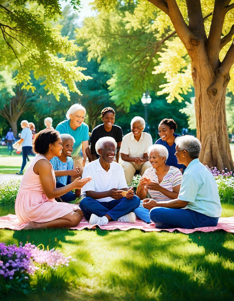 A warm and inviting scene of diverse people of different ages and backgrounds gathering in a beautiful outdoor setting, sharing stories and laughter. The backdrop features a vibrant, sunlit park with blooming flowers, symbolizing growth and connection. Include elements of shared activities like prayer or community service to highlight trust and hopefulness. The atmosphere should radiate positivity and inclusion. vibrant colors. natural lighting. painterly style.